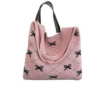 RRYPBOVG Crochet Bags For Women Bow Knitted Women's Foldable Rope Shoulder Sweet Knitting Handbag Tote Bag(Pink)