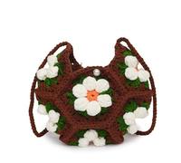 RRYPBOVG Crochet Bags For Women Three-dimensional Puff Flower One-shoulder Cross-body Crescent Bag Pure Handmade Bag(Brown)