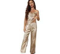 RRYPBOVG Ladies silk camisole pyjama set 2PCS/Set Thin Section Ice Silk Pyjamas Ladies Outside Leisure Homewear Women Fashion Pajamas Solid Suspenders Sleepwear(Khaki,XL)