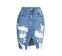 RSBFK Women’s Distressed Denim Pencil Skirt High Waisted Knee Length Slit Hem Stretch Jean Skirts Blue M