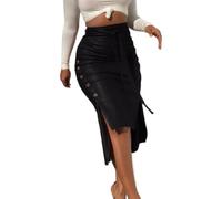 RSBFK Women’s High Waisted Faux Leather Pencil Skirt Side Button Side Slit with Belt Black 2XL