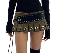 RSBFK Women's Low Waist Cut Out Zipper Side Pleated Club Pu Leather Mini Skirt Brown M