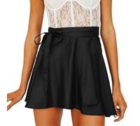 RSBFK Women's Mini Skirts Adjustable Wrap Around Tie Belt Skirt High Waisted Stain Silky A-Line Short Skirt Black S