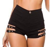 RSBFK Women's Sexy Stretch High Waist Denim Jeans Shorts Mini Shorts Jeans Punk Metal Buckle Hot Pants Black XL