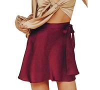 RSBFK Women's Silky Satin Mini Short Skirt Adjustable Lace Up High Waist Flowy Short Skater Skirt Red XL