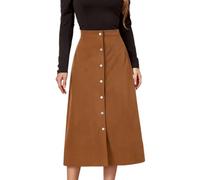 RSBFK Women's Spring Fall High Waist Corduroy A-Line Slim Button Front Solid Color Midi Skirt Khaki L
