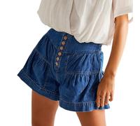 RSBFK Women's Straight Leg Flounce Ruffle Hem Loose Fit Jean Denim Shorts Dark Blue S
