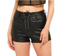 RSBFK Women's Stretchy High Waist Faux Leather Shorts Drawstring Lace Up Club Party Disco Hot Pants Black S