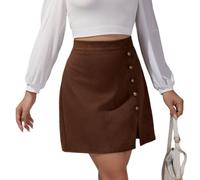 RSBFK Women's Trendy Faux Suede Mini Skirt Button Up Design A-Line Skirt Brown XL