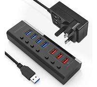 RSHTECH 36W Powered USB 3.0 Hub, 7-Port USB Hub with 3 Fast Charging Ports | 4x USB 3.0 Data Ports, Individual On/Off Switch and 12V/3A Power Supply (RSH-A37, Black)
