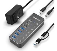 RSHTECH 7-Port Powered USB 3.2/USB C Hub with 10Gbps USB-A 3.2, 2 USB-C 3.2, 4 USB 3.0 Ports, Individual Touch Switches, 3.3ft Cable and 5V Power Adapter, USB Hub Splitter for Laptop/PC, RSH-ST07C