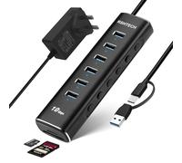 RSHTECH 8-Port Powered USB C/3.2 Hub Aluminum Aluminum USB3 Extension Hub Splitter with 6x 10Gbps USB-A 3.2 Ports, SD/TF Card Readers, 3.3ft Data Cable and 24W 12V/2A Power Adapter (RSH-A107D)