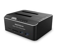 RSHTECH Hard Drive Docking Station, Aluminum Dual Bay SATA Dock for 2.5 & 3.5 Inch SSD HDD, Tool-Free Hard Disk Caddy with 2x USB 3.0 and SD/TF Slots, HDD Enclosure Supports 2x16TB and Offline Clone