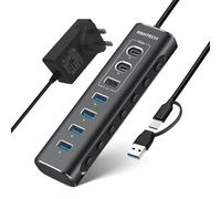 RSHTECH Powered USB 3.1/3.2 Hub, 24W Aluminum 7-Port USB C Hub (RSH-A107C) | USB Splitter with 3x 10Gbps USB 3.2 Data Ports (2C+1A), 4x USB 3.0 Port, 12V/2A Power Adapter and 3.3ft USB-C/A Cable