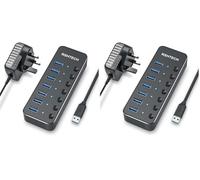 RSHTECH USB Hub Powered 7 Port USB 3.0 Data Hub Aluminum USB Extension Splitter with Individual On/Off Switch Universal AC to DC 5V Power Adapter (RSH-518) (Pack of 2)