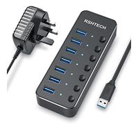 RSHTECH USB Hub Powered 7 Port USB 3.0 Data Hub Aluminum USB Extension Splitter with Individual On/Off Switch Universal AC to DC 5V Power Adapter (RSH-518)
