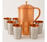RSK Goods Pure Copper Water Jug Set with 6 Tumblers - Ayurvedic Copper Drinkware - 1L Jug with Lid & 6 200ml Glasses - Handmade Detox Set for Home & Gifting- Lemon Pitcher Set