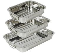 RSK Goods Stainless Steel Roasting Pan Set - 3 Stackable Sizes with Ridged Base & Handles - Oven & Dishwasher Safe - Ideal for Meats, Veg, Roasts, Casseroles & More