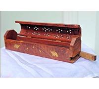 RSK Handmade Wooden Brown Incense Stick Holder Box Burning Joss Ash Catcher Cone Holder Smoke Box