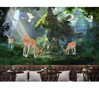 rskjdghshd 3D Landscape Wallpaper with Pigeons, Deer, and Trees for Coffee Shops and Restaurants, 150x105cm