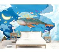 rskjdghshd Creative Watercolor Wallpaper with Big Fish and Whale in The Sky, Decorative Painting for Coffee Shop and Restaurant, 3D, 430x300cm