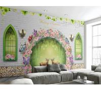 rskjdghshd Fashionable Brick Wall Wallpaper, Fantasy Flowers and elk Decorative Painting, Coffee Shop Restaurant Mural, 3D, 400x280cm