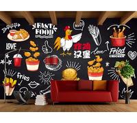 rskjdghshd Wallpaper Blackboard Hand-Painted Fried Chicken Hamburger Gourmet Fast Food Decorative Painting Coffee Shop Restaurant Mural, 3D, 200x140cm