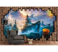 rskjdghshd Wallpaper Hand-Painted 3D Ocean Waves and Sailboats Retro Brick Wall Living Room Decoration Painting Coffee Shop Restaurant Mural, 3D, 400x280cm