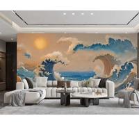 rskjdghshd Wallpaper Hand-Painted Art Blue Sea Tsunami Huge Waves Sunset Landscape Painting TV Sofa Living Room Background Wall Restaurant Bedroom Study Room Mural,3D,200x140cm