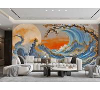 rskjdghshd Wallpaper Hand-Painted Art Blue Sea Tsunami Huge Waves Sunset Landscape Painting TV Sofa Living Room Background Wall Restaurant Bedroom Study Room Mural,3D,200x140cm