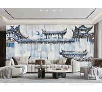 rskjdghshd Wallpaper Hand-Painted Blue Sketch Art Architecture Pavilion Landscape Painting TV Sofa Living Room Background Wall Dining Room Bedroom Study Room Mural,3D,150x105cm