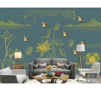 rskjdghshd Wallpaper Hand-Painted line Drawing Gold-Edged Lotus, carp, Flower and Bird Decorative Painting Coffee Shop Restaurant Mural, 3D, 200x140cm