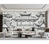 rskjdghshd Wallpaper Hand-Painted Sketch Art Architecture Pavilion Waterfall Landscape Painting TV Sofa Living Room Background Wall Restaurant Bedroom Study Room Mural,3D,250x175cm