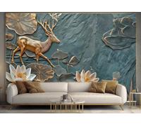 rskjdghshd Wallpaper Modern Divine Deer Lotus Art Stone Sculpture Landscape Painting TV Sofa Background Wall Bedroom Living Room Study Mural,3D,250x175cm