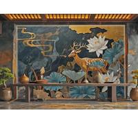 rskjdghshd Wallpaper Modern Divine Deer Lotus Leaf Art Stone Sculpture Landscape Painting TV Sofa Background Wall Bedroom Living Room Study Mural,3D,150x105cm