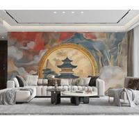 rskjdghshd Wallpaper Modern Minimalist Cinnabar Red Landscape Pavilion Ink Painting TV Sofa Background Wall Bedroom Living Room Study Room Mural,3D,200x140cm