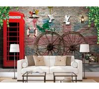 rskjdghshd Wallpaper Retro Brick Wall Wooden Wheel red Telephone Booth Decorative Painting Coffee Shop Restaurant Mural, 3D, 300x210cm