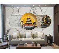 rskjdghshd Wallpaper Retro Pavilion Architecture Art Hanging Plate Marble Pattern Painting TV Sofa Background Wall Bedroom Living Room Study Room Mural,3D,350x245cm