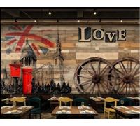 rskjdghshd Wallpaper Retro Wooden Board Graffiti Building Love Wheel Theme Bar Western Restaurant Background Wall Mural Afternoon Tea Coffee Shop Wallpaper,3D,400x280cm
