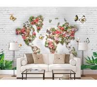 rskjdghshd Wallpaper Simple Brick Wall map Green Leaves Butterfly Watercolor Style Living Room Decoration Painting Coffee Shop Restaurant Mural, 3D, 200x140cm