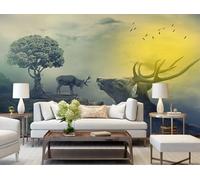 rskjdghshd Wallpaper Simple Hand-Painted elk Abstract Tree Landscape Decoration Painting Coffee Shop Restaurant Mural, 3D, 300x210cm