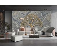rskjdghshd Wallpaper Simple Open Branches and Leaves Golden Tree Gray Marble Pattern TV Sofa Background Wall Bedroom Living Room Study Room Mural,3D,400x280cm