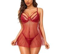 RSLOVE Babydoll Lingerie for Women - Lace Chemise Sexy Nightwear Polka Dots Nightdress with Thong 2-Pieces Wine Red XXL