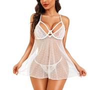 RSLOVE Babydoll Lingerie for Women - Lace Chemise Sexy Nightwear Polka Dots Nightdress with Thong 2-Pieces White XXL