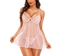 RSLOVE Babydoll Lingerie for Women - Lace Chemise Sexy Nightwear Polka Dots Nightdress with Thong 2-Pieces Pink XXL