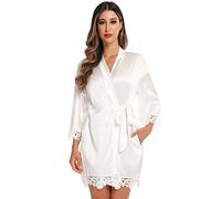 RSLOVE Womens Kimono Robes Dressing Gown Satin Bathrobe Slik Wedding Robes for Bridal/Bridesmaid Party Nightgown Morning Robe White Large
