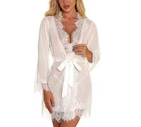 RSLOVE Women's Lace Kimono Robe Sexy Lingerie Babydoll Nightwear Mesh Nightdress Transparent Kimono Chemise White XL