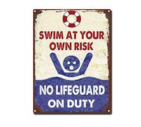 RSPYOAG Funny Pool Metal Signs Vintage Warning Safety Tin Sign Decor for Swimming Pool Beach Lake Water Park Decor - Swim at Your Own Risk No Lifeguard On Duty 12x16inch Tin Sign