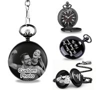RSQGT Personalised Pocket Watch and Chain - Custom Engraved Photo & Text on Both Sides, Gift for Best Man Grooms Grandpa Husband Son Father of The Bride (Customizable Photo Pocket Watch)