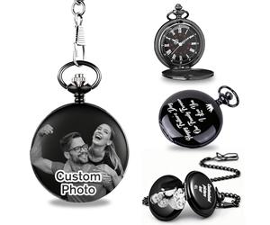 RSQGT Personalised Pocket Watch and Chain - Custom Engraved Photo & Text on Both Sides, Gift for Best Man Grooms Grandpa Husband Son Father of the Bride (Customizable Photo Pocket Watch)